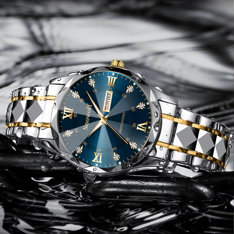 Gem Node Men's Rhinestone Quartz Watch 41mm Blue & Gold