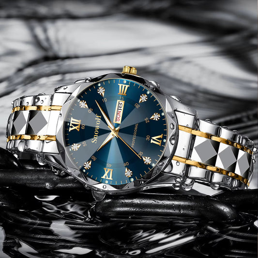 Gem Node Men's Rhinestone Quartz Watch 41mm Blue & Gold